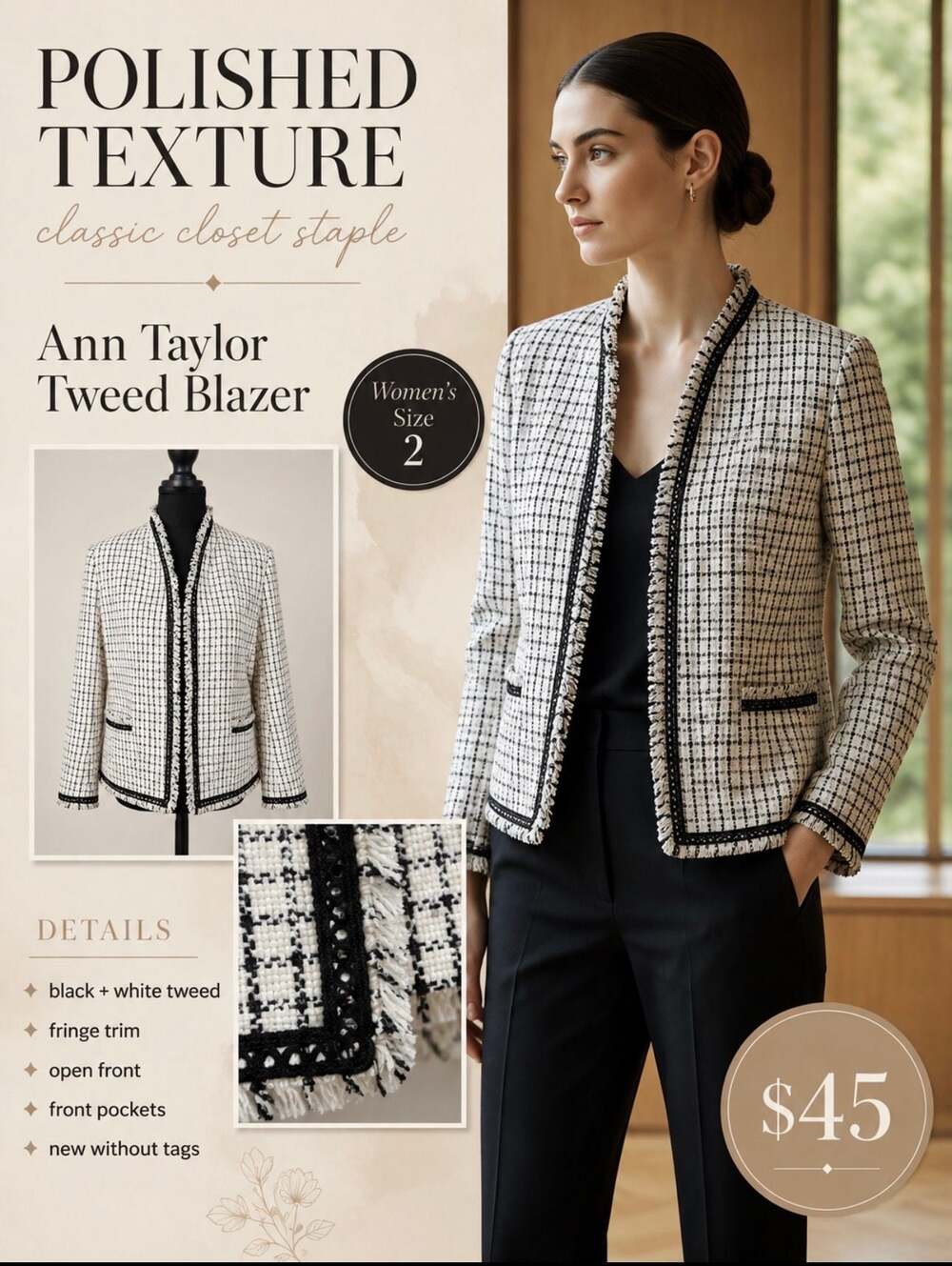 Ann Taylor Black White Tweed Fringe Trim Open Front Blazer Women’s Size 2